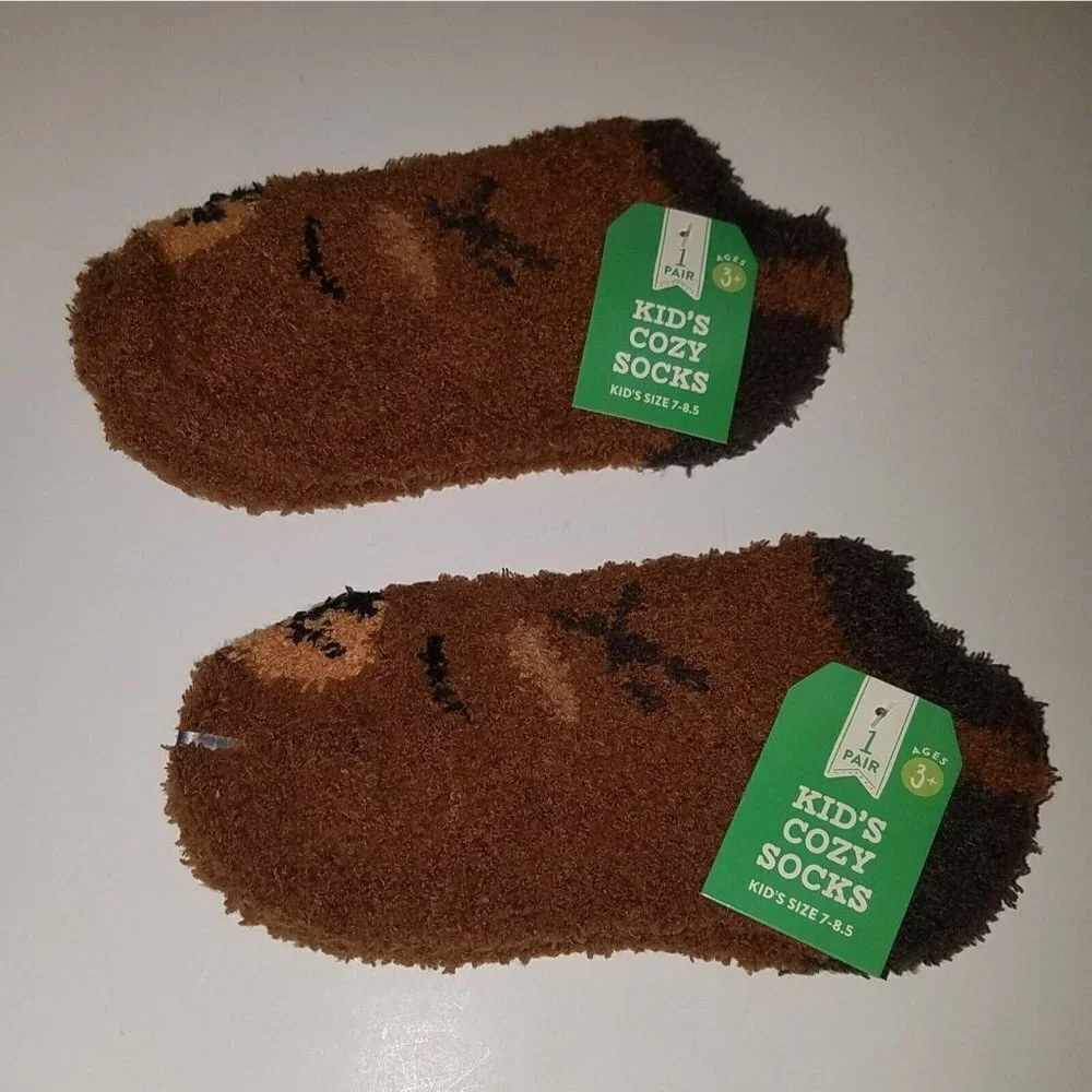 NEW 2 Pairs Brown Deer Kids Cozy Socks Fuzzy Size 7-8.5 Lot Reindeer